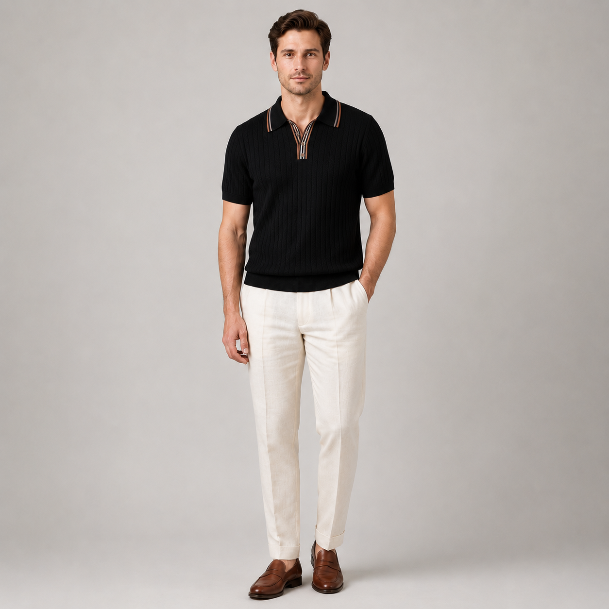Men’s Stylish Textured Knit Polo Shirt