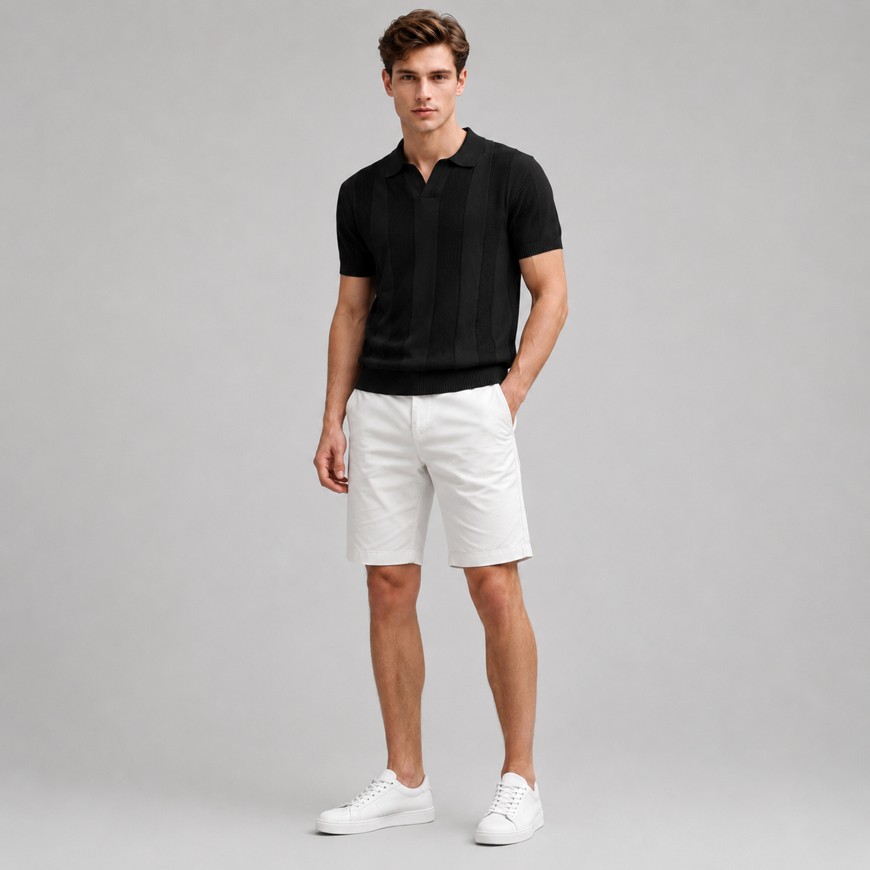 Men’s Vertical Striped Knit Polo Shirt