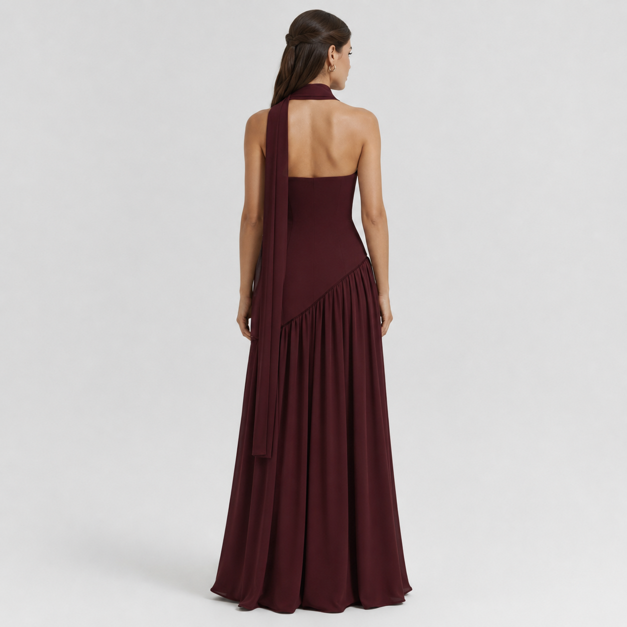 Women's Draped Waist Black Tie Formal Maxi Dress With Scarf