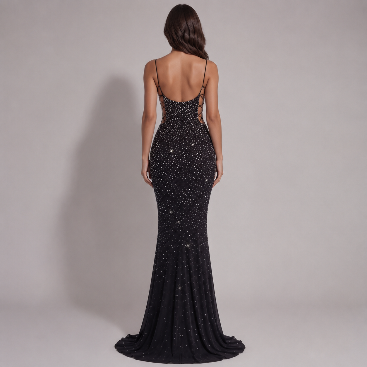 Women's Rhinestone Lace-Up Back Black Tie Formal Maxi Dress