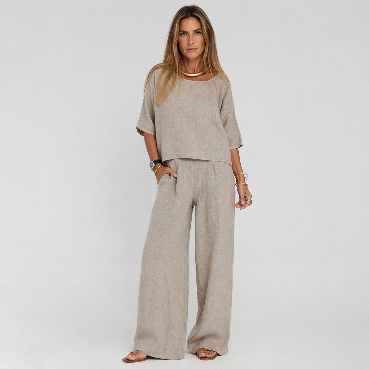 Women's Relaxed Linen Blouse Wide-Leg Trouser Set