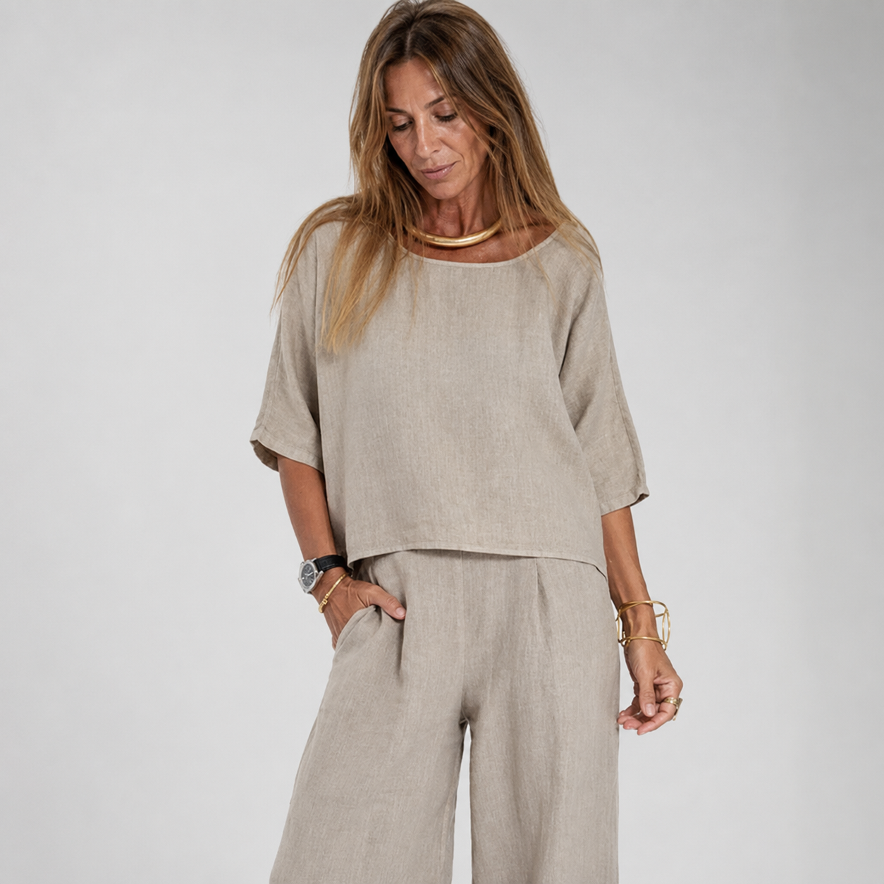Women's Relaxed Linen Blouse Wide-Leg Trouser Set