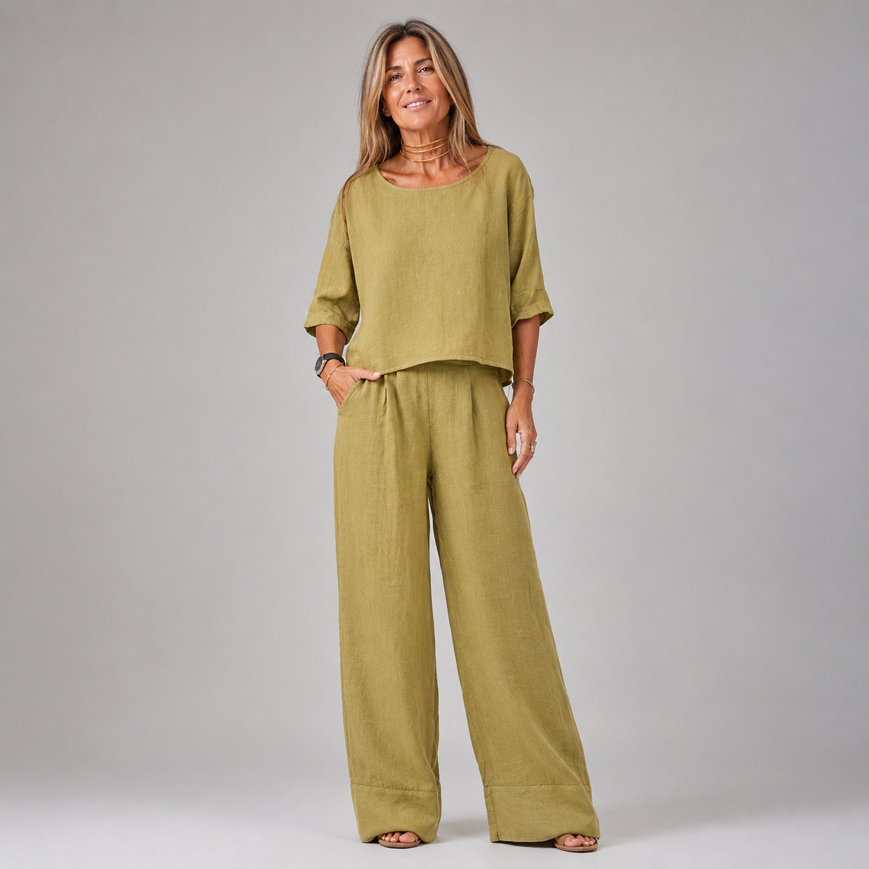 Women's Relaxed Linen Blouse Wide-Leg Trouser Set