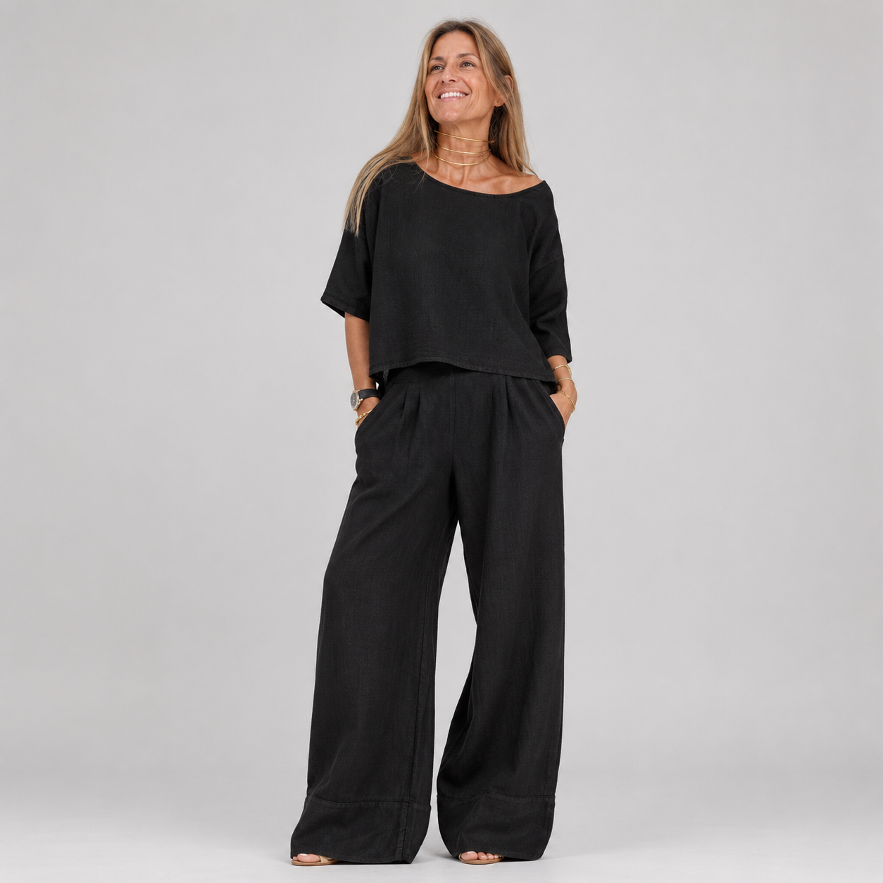 Women's Relaxed Linen Blouse Wide-Leg Trouser Set