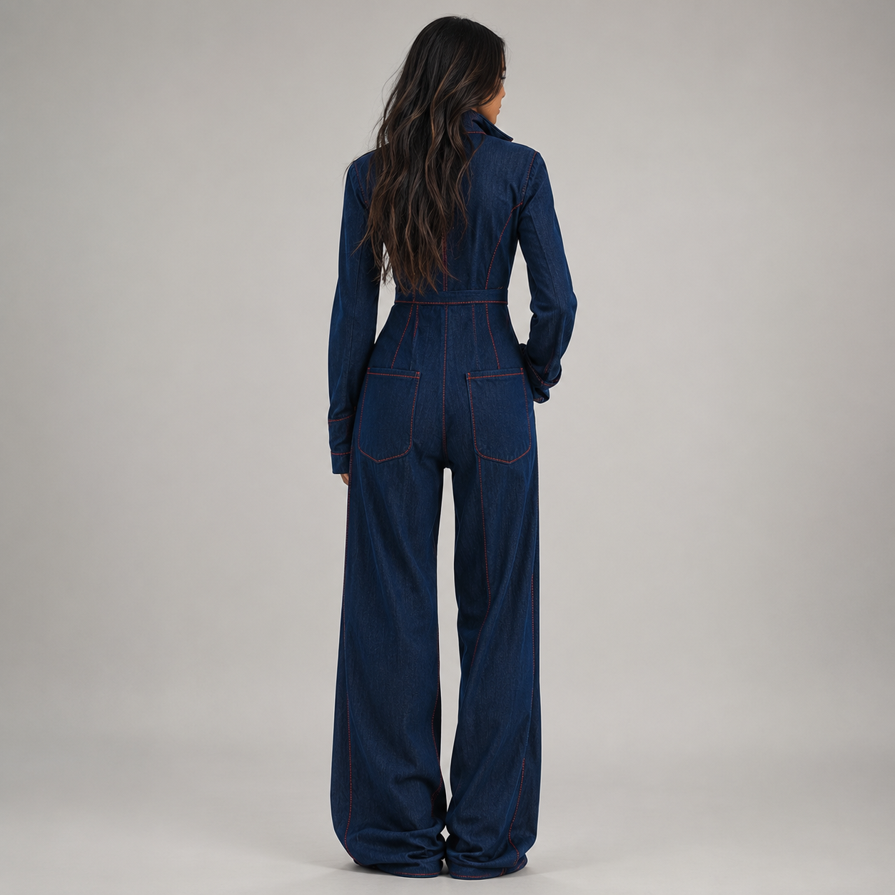 Women's Long Sleeve Front-Zip Wide Leg Pants Jumpsuit