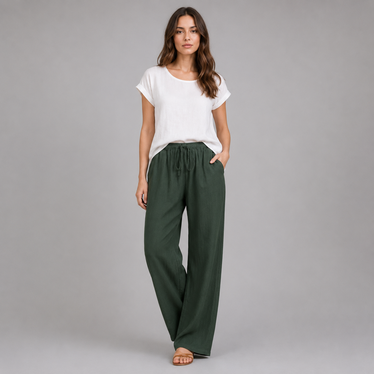 Women's Relaxed Linen Drawstring Wide Leg Trousers