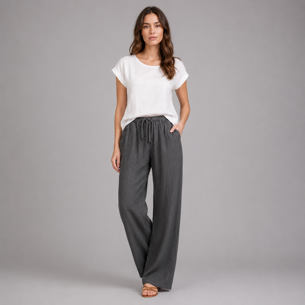 Women's Relaxed Linen Drawstring Wide Leg Trousers