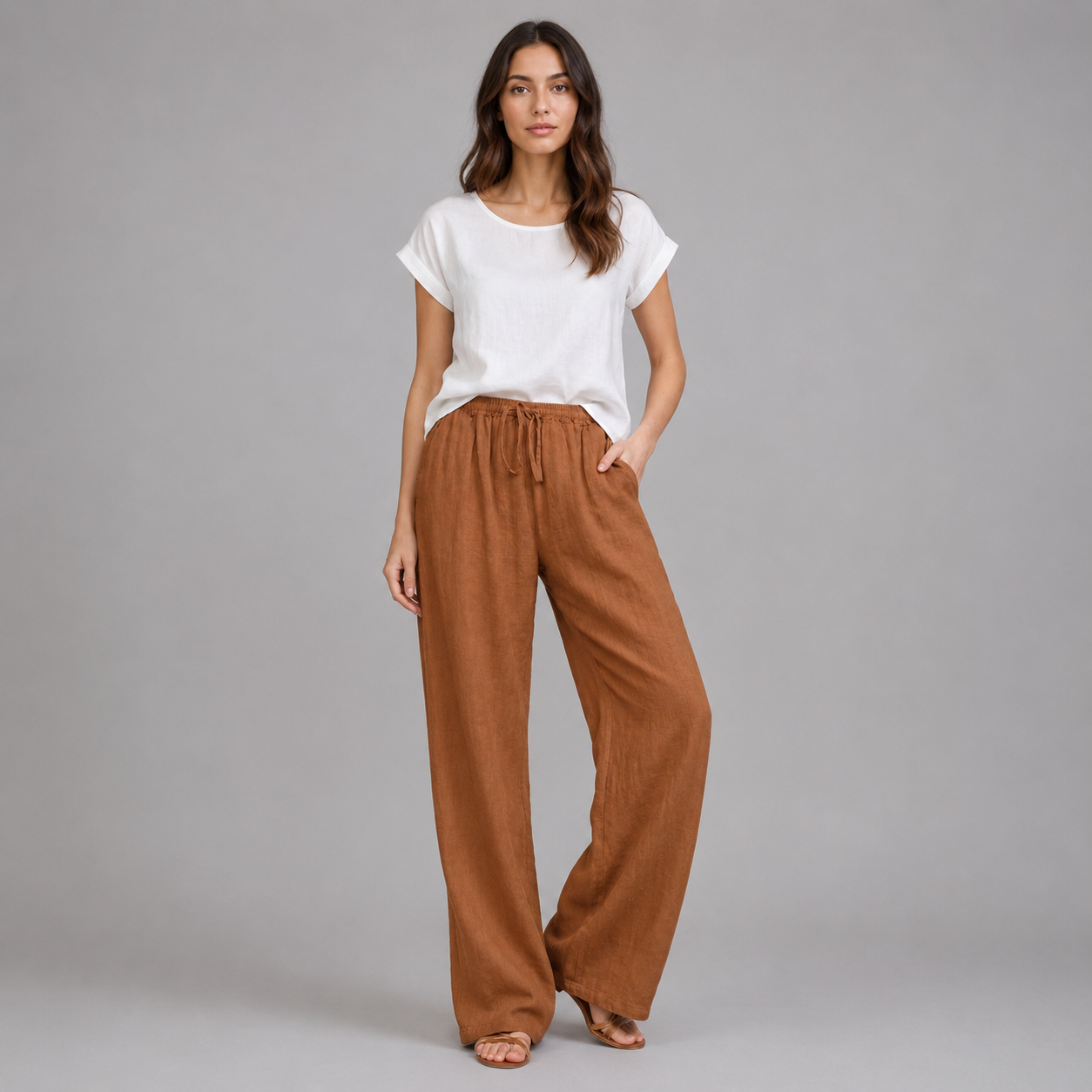 Women's Relaxed Linen Drawstring Wide Leg Trousers