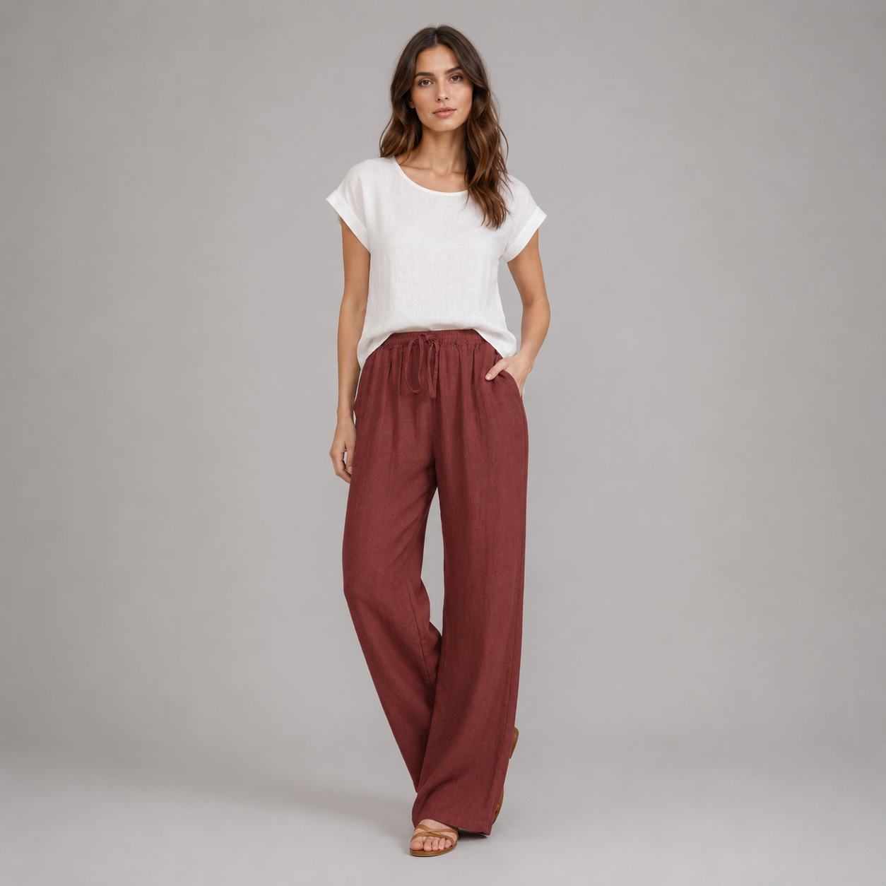 Women's Relaxed Linen Drawstring Wide Leg Trousers
