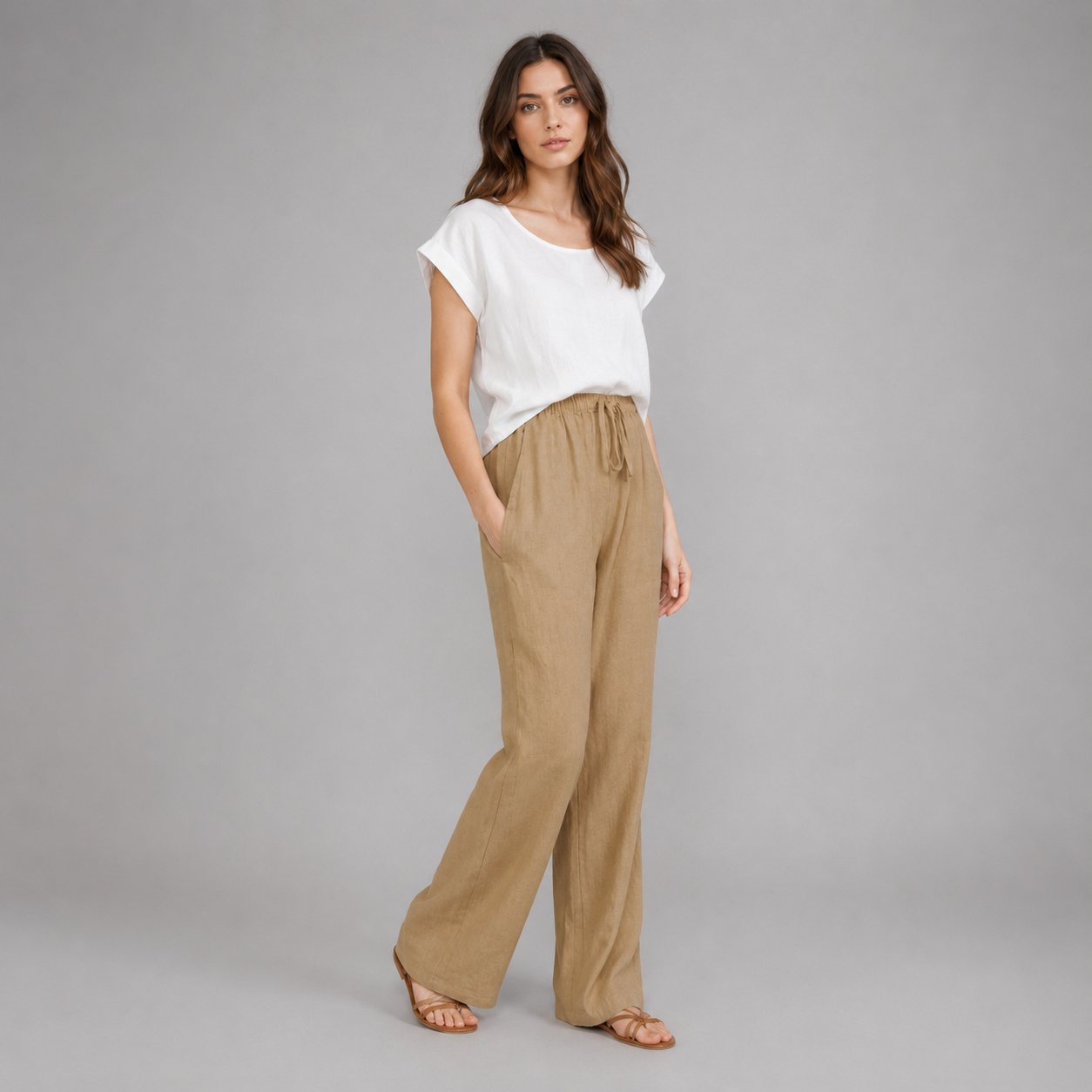 Women's Relaxed Linen Drawstring Wide Leg Trousers