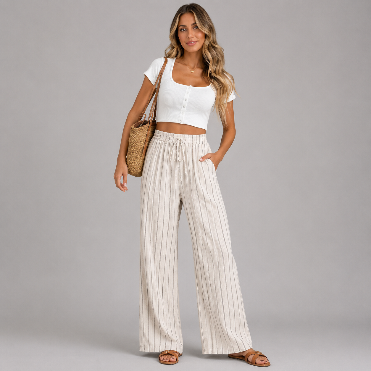 Women's Striped Wide Leg Linen Trousers