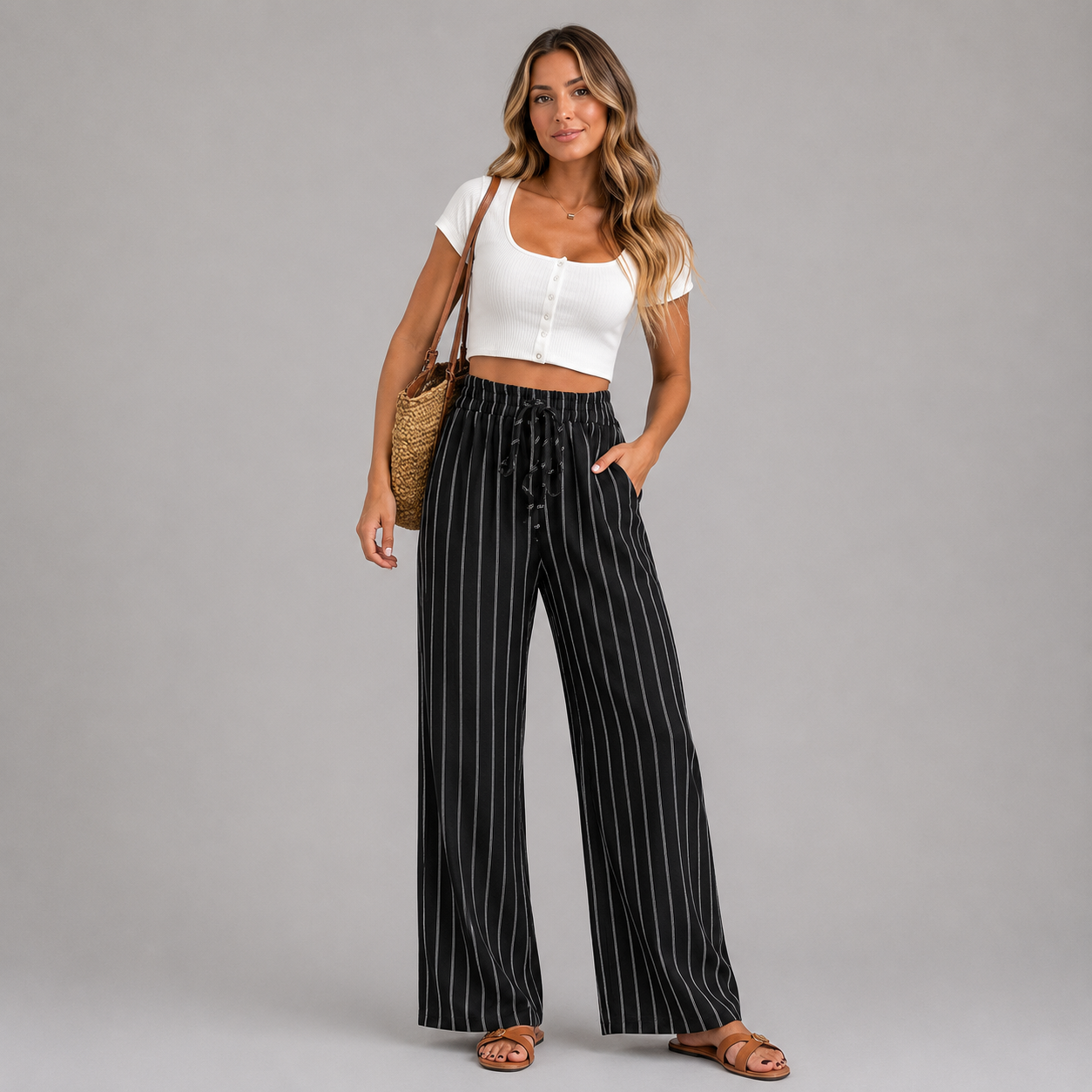 Women's Striped Wide Leg Linen Trousers
