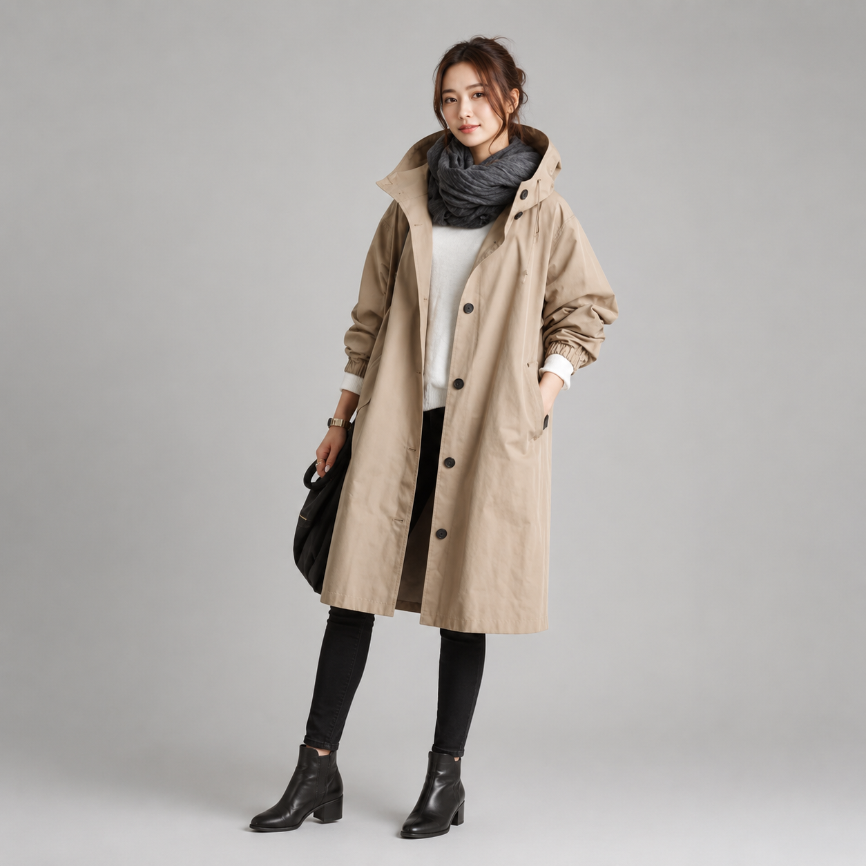 Women's Hooded Waterproof Relaxed-Fit Long Trench Coat