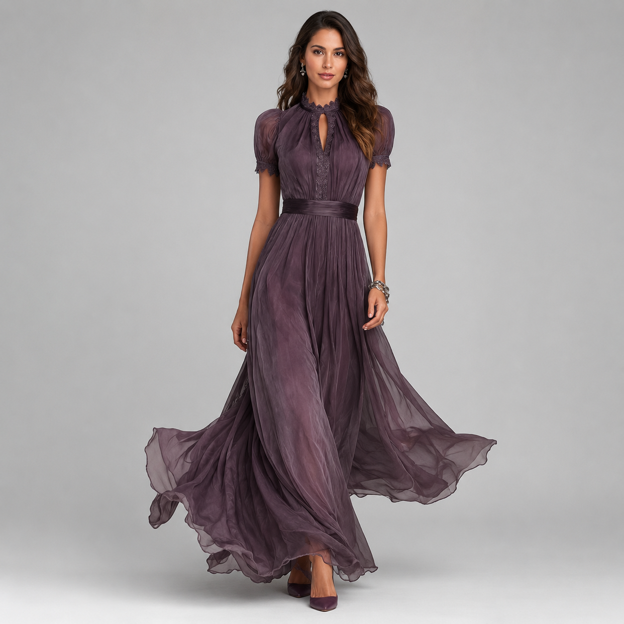 Women's Short Sleeve Keyhole Lace-Trim Chiffon Maxi Dress