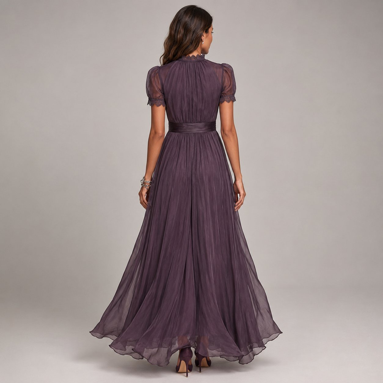 Women's Short Sleeve Keyhole Lace-Trim Chiffon Maxi Dress