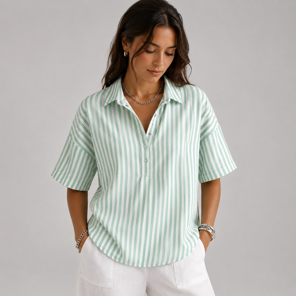 Women's Relaxed-Fit Striped Half-Button Collared Blouse
