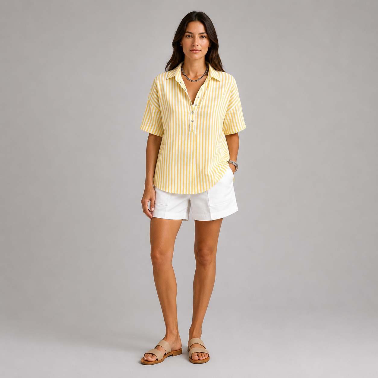 Women's Relaxed-Fit Striped Half-Button Collared Blouse
