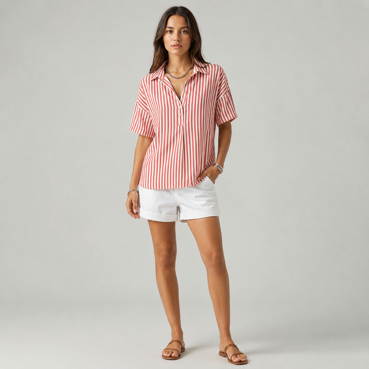 Women's Relaxed-Fit Striped Half-Button Collared Blouse