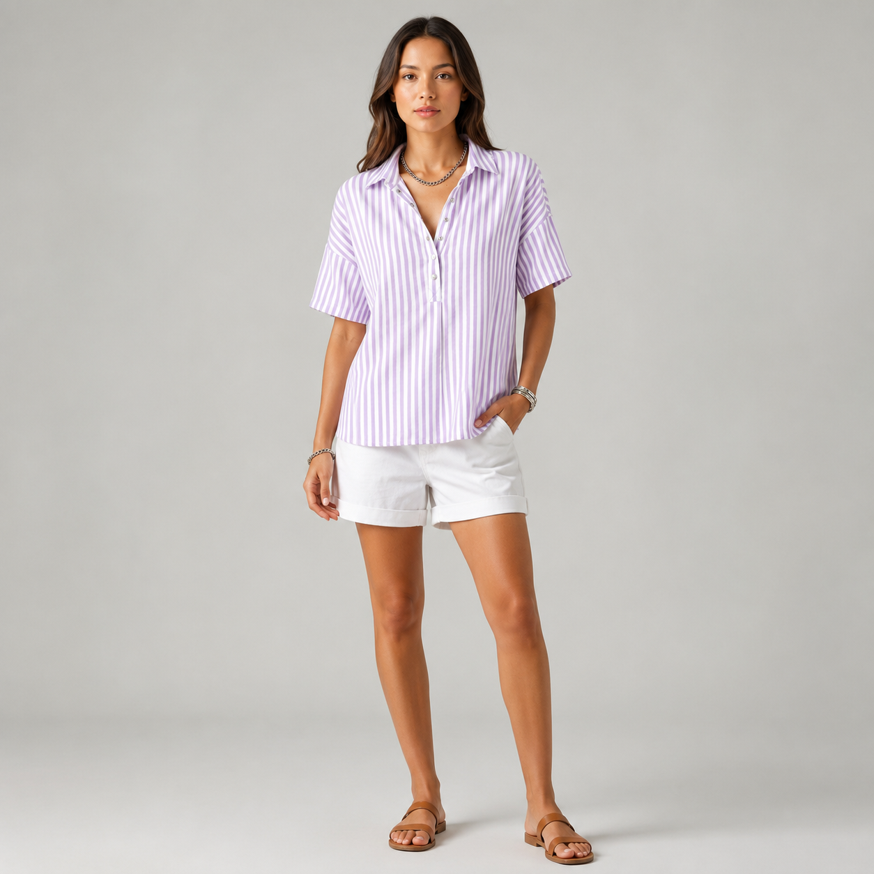 Women's Relaxed-Fit Striped Half-Button Collared Blouse