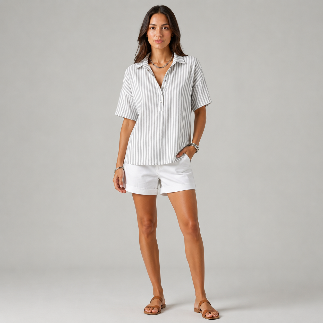 Women's Relaxed-Fit Striped Half-Button Collared Blouse
