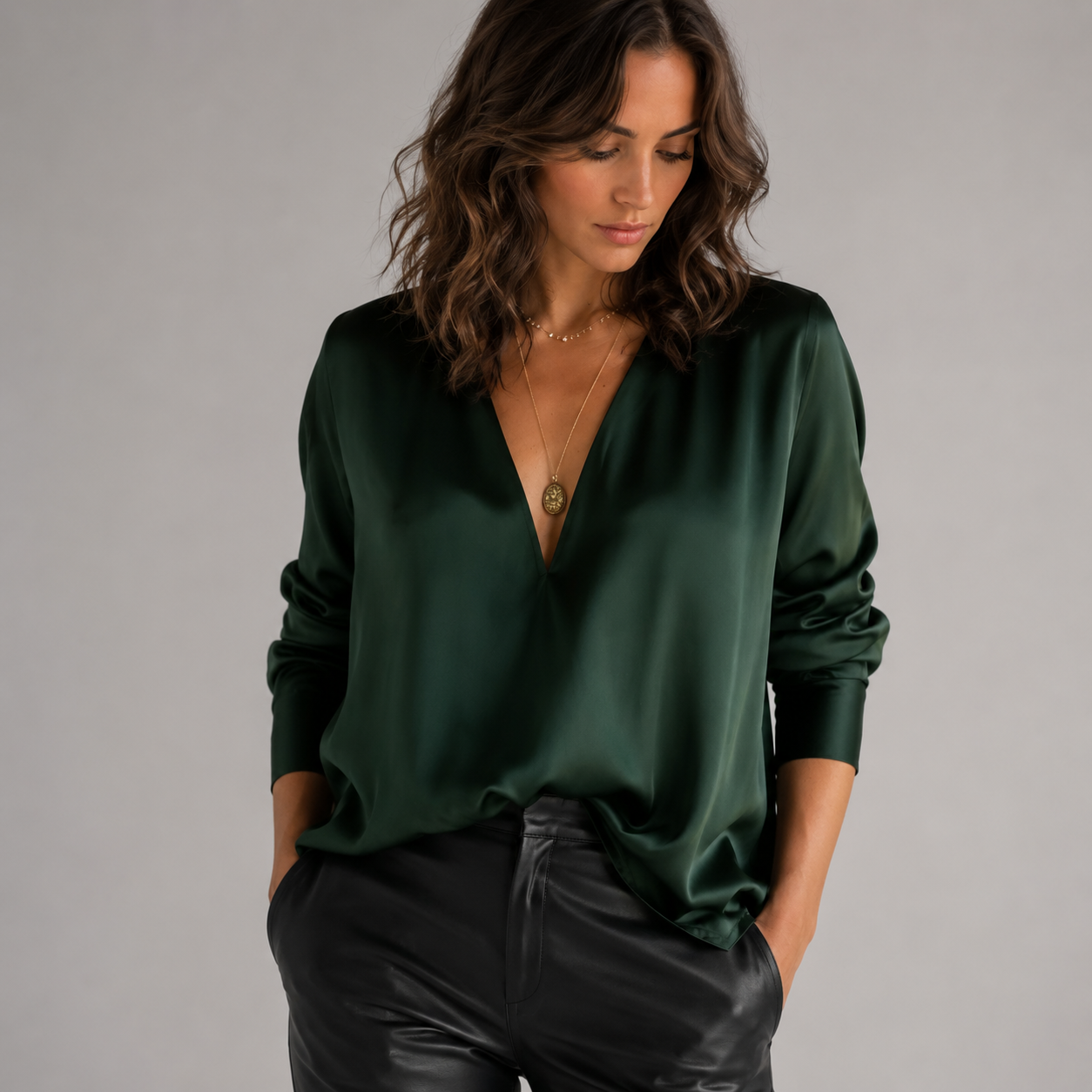 Women's Deep V-Neck Satin-Style Long Sleeve Blouse