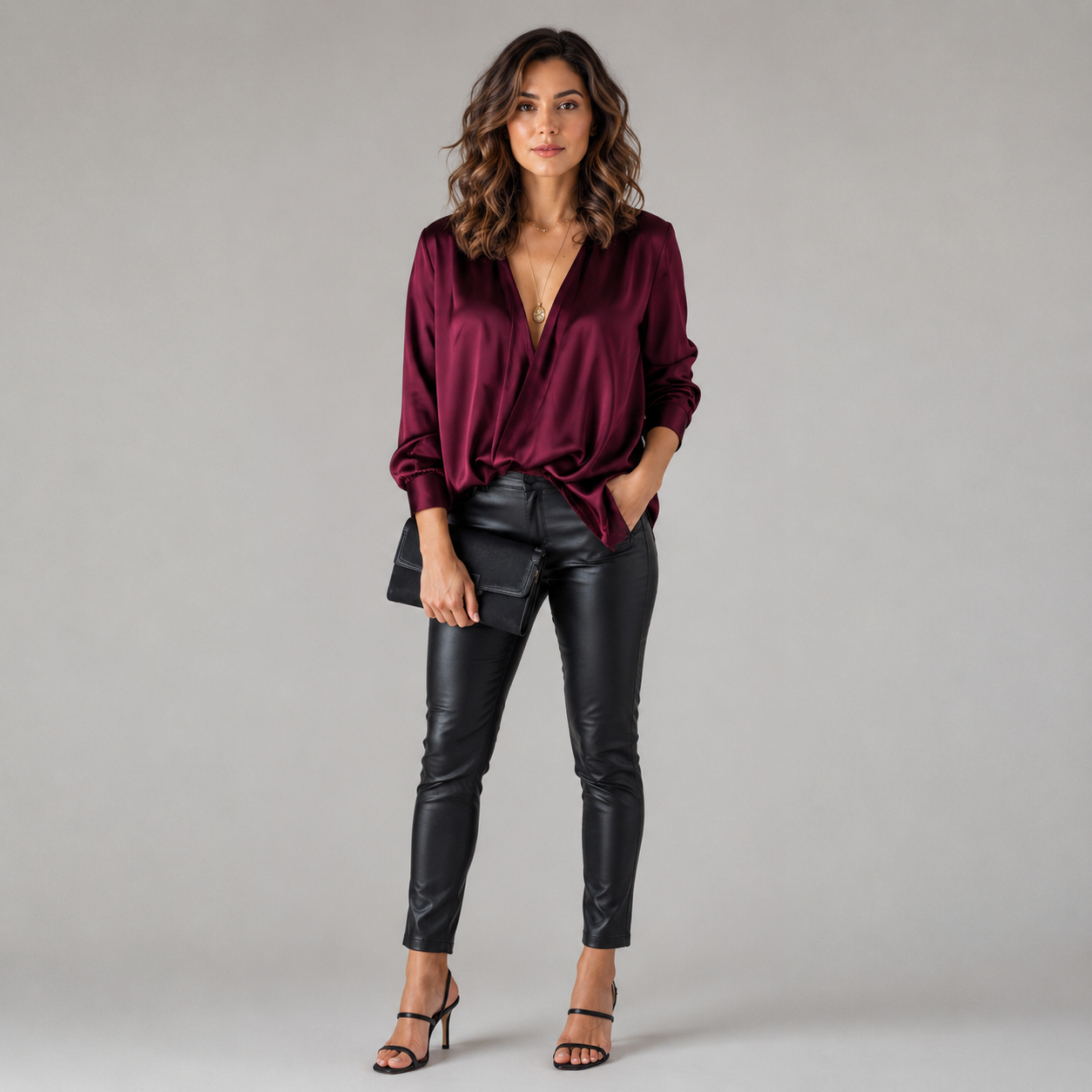 Women's Deep V-Neck Satin-Style Long Sleeve Blouse