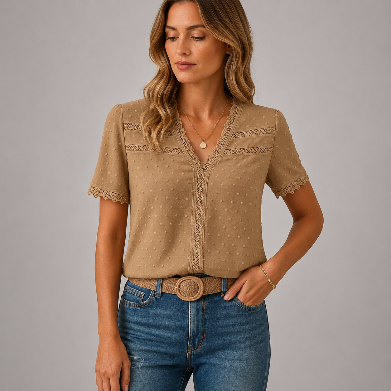 Women's Dot Lace-Trim V-Neck Relaxed Blouse