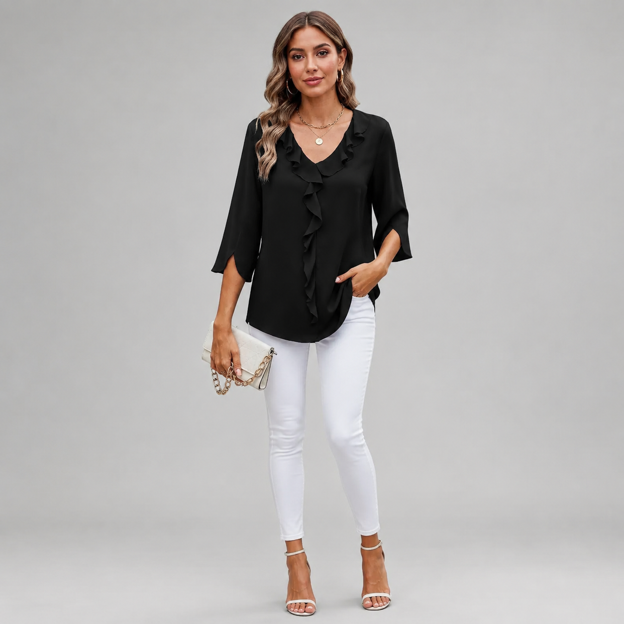Women's V-Neck Three-Quarter Sleeve Blouse