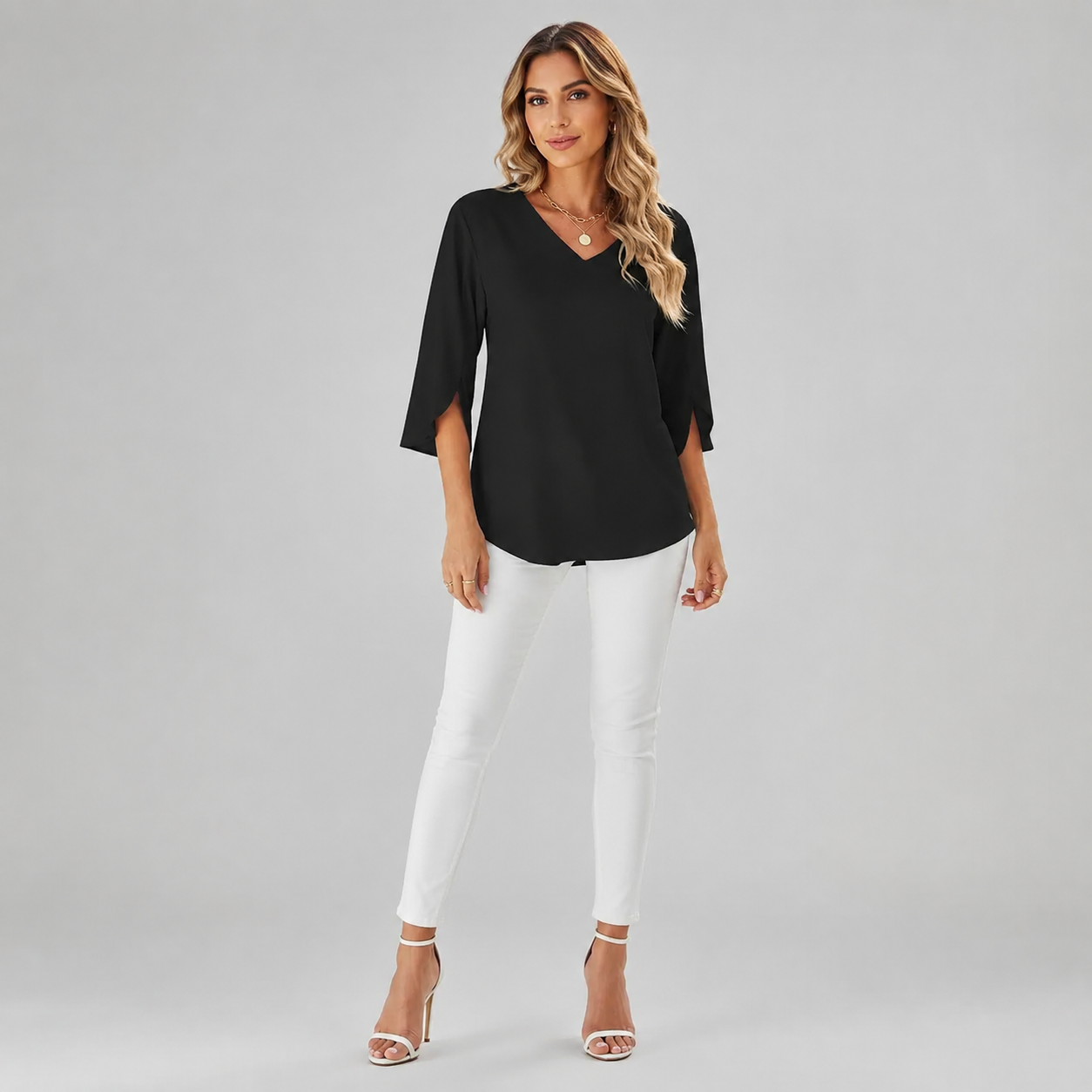 Women's V-Neck Three-Quarter Sleeve Blouse