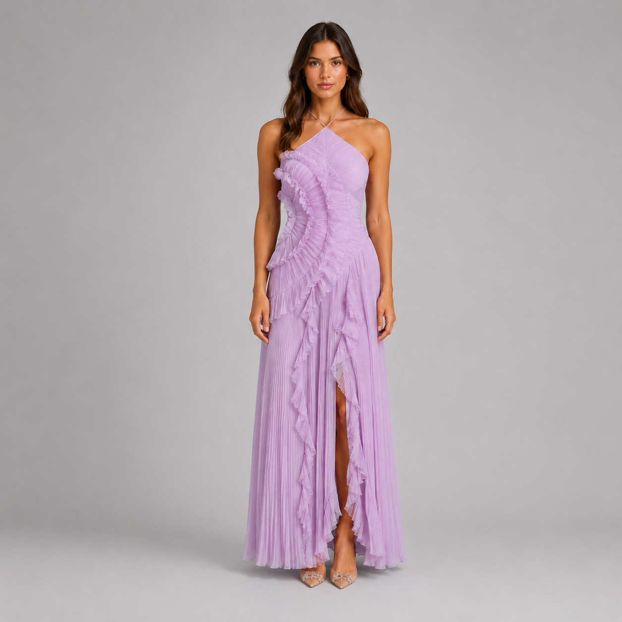 Women’s Pleated Ruffle Halter Maxi Dress