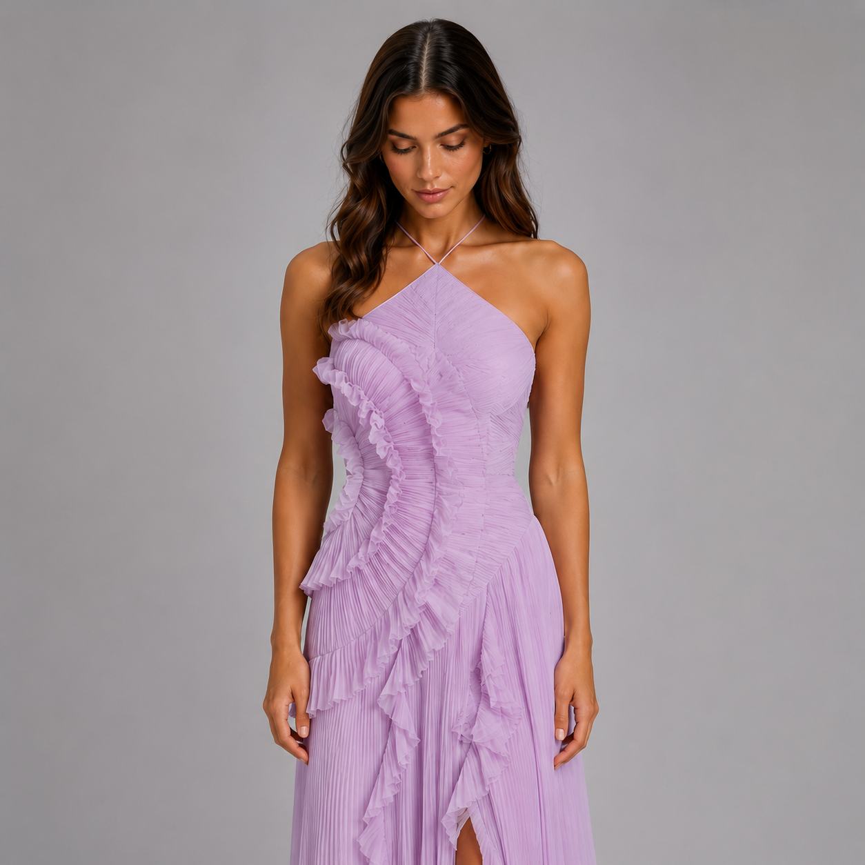 Women’s Pleated Ruffle Halter Maxi Dress
