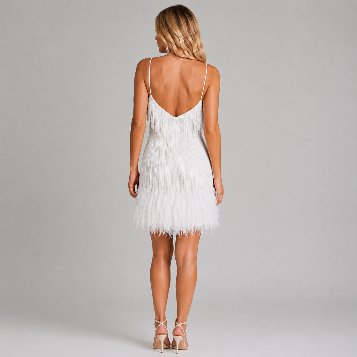 Women’s Sequin Fringe Mini Dress with Feather Trim
