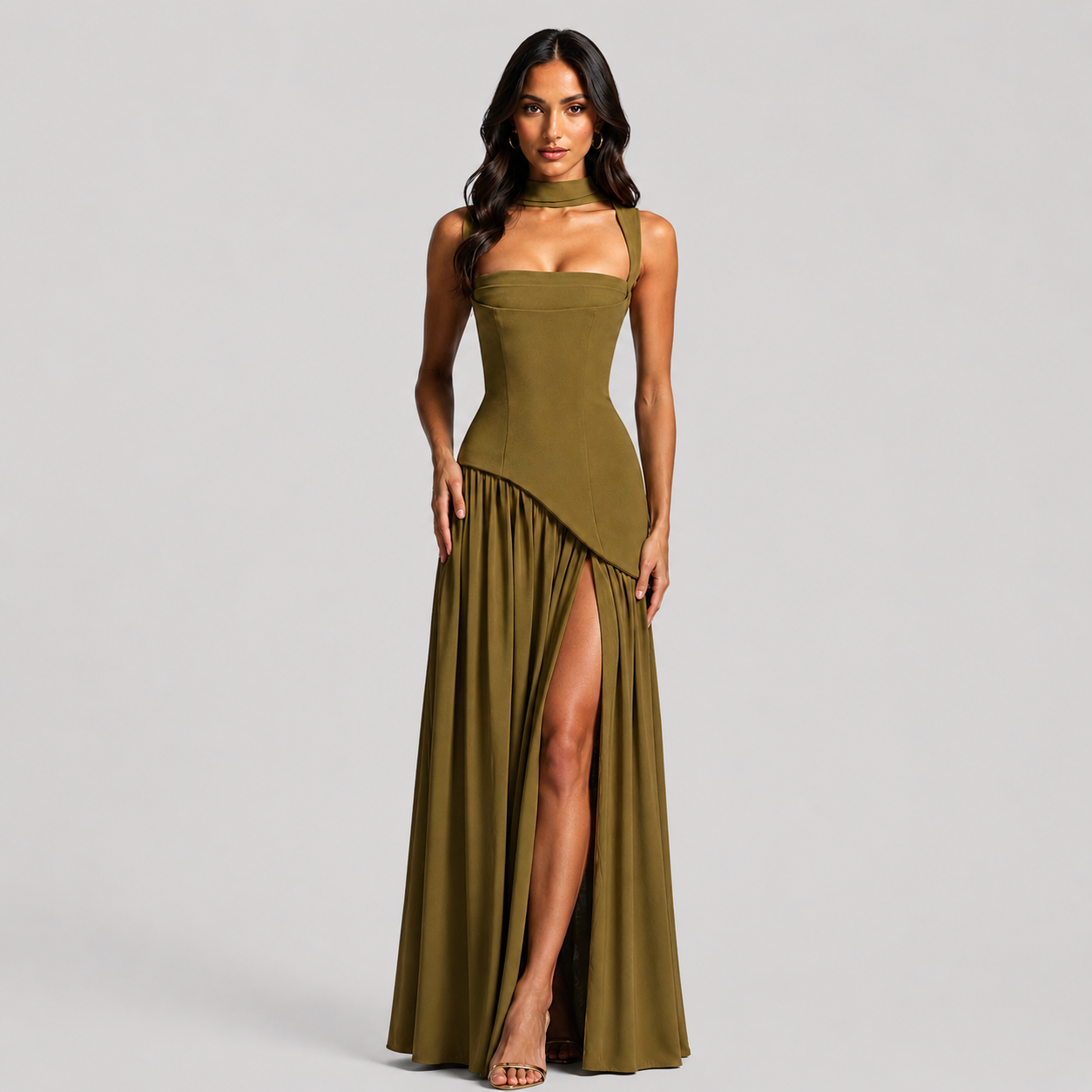 Women’s Draped Satin Feel Maxi Dress