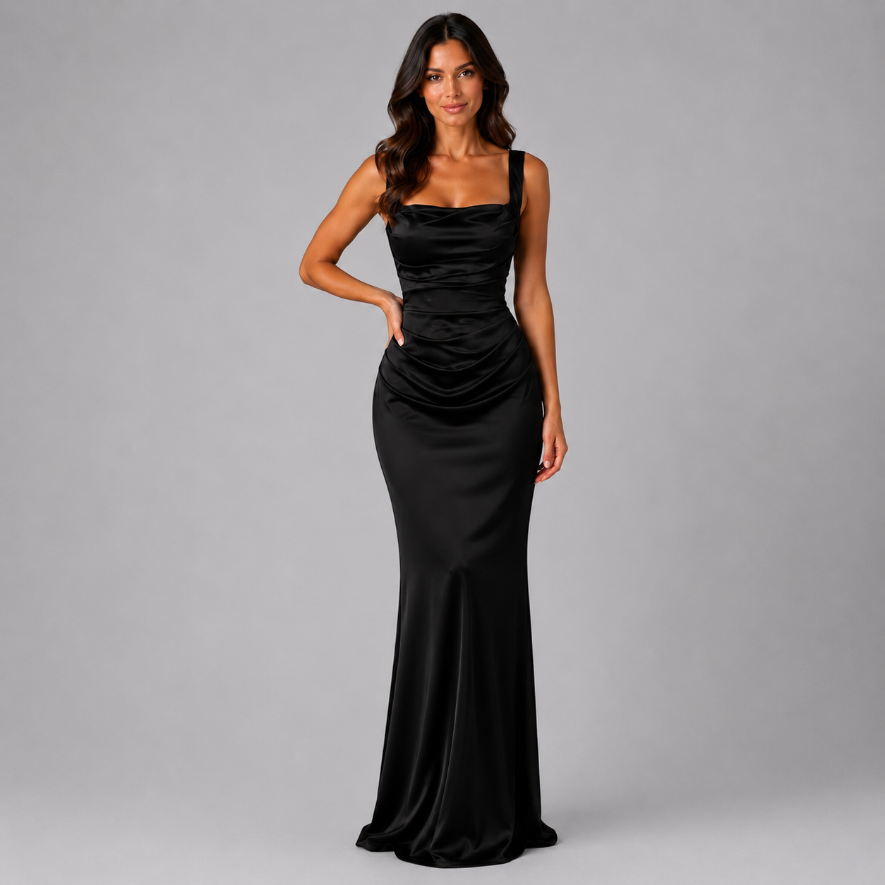 Women’s Satin Feel Ruched Waist Maxi Dress