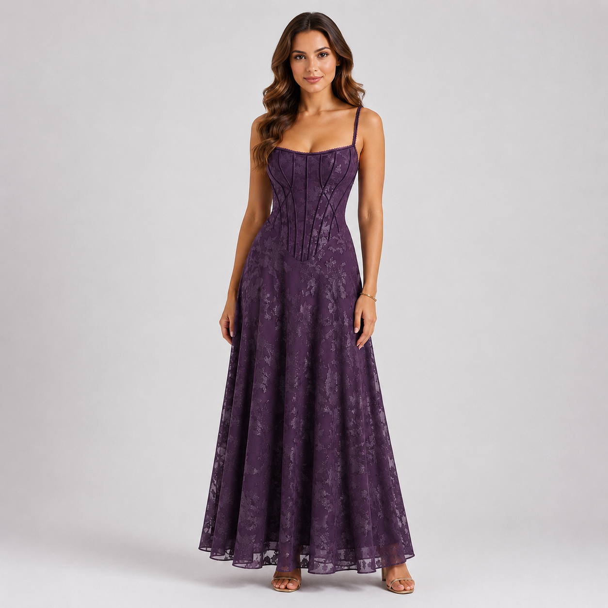 Women's Floral Corset Maxi Dress With Spaghetti Straps