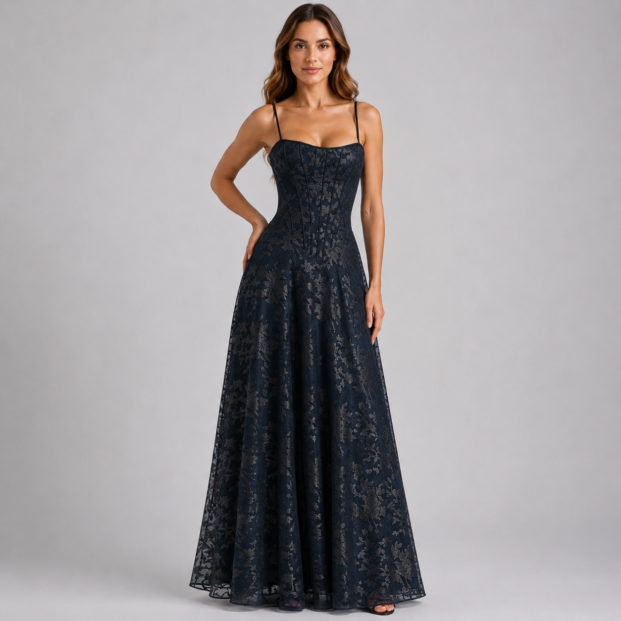 Women's Floral Corset Maxi Dress With Spaghetti Straps