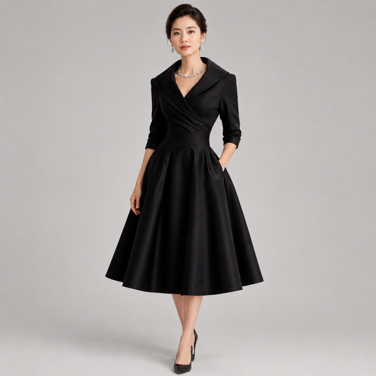 Women's A-Line Wrap-Bodice Midi Dress With Pockets
