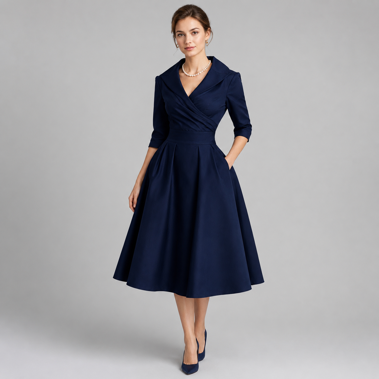 Women's A-Line Wrap-Bodice Midi Dress With Pockets