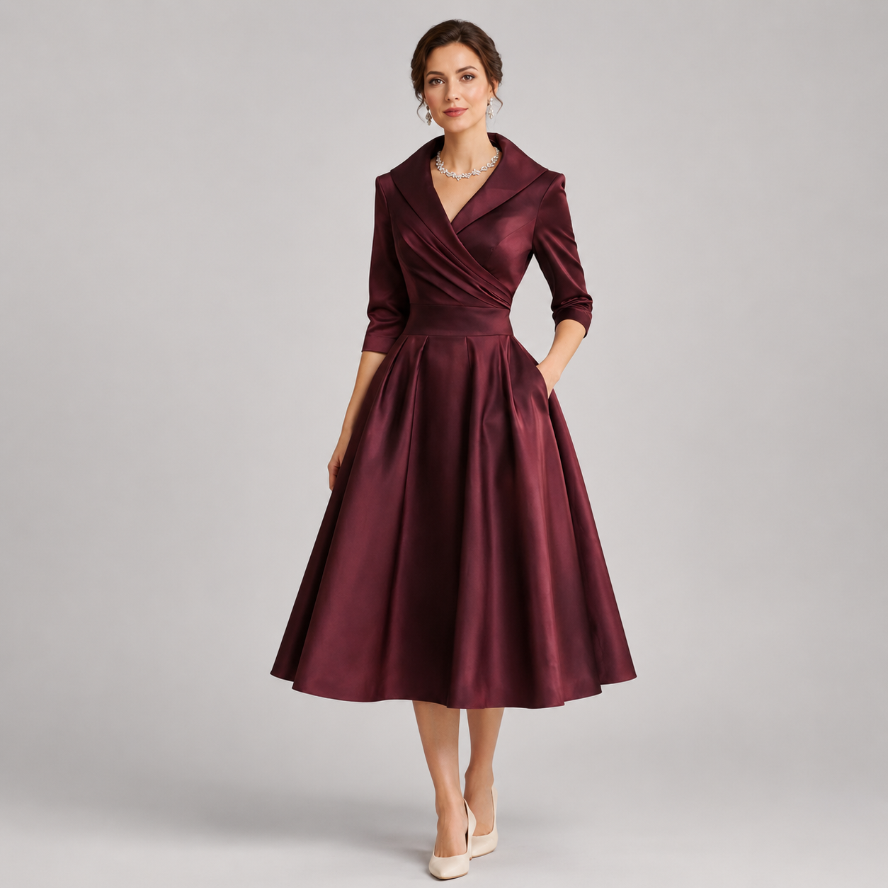 Women's A-Line Wrap-Bodice Midi Dress With Pockets