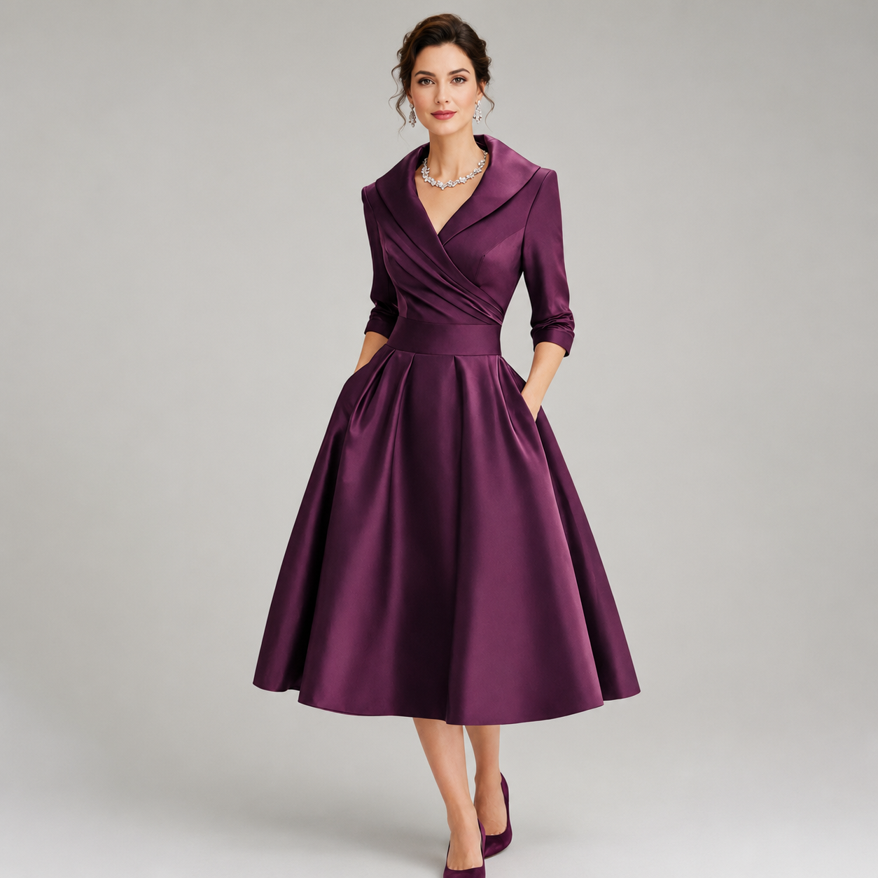 Women's A-Line Wrap-Bodice Midi Dress With Pockets