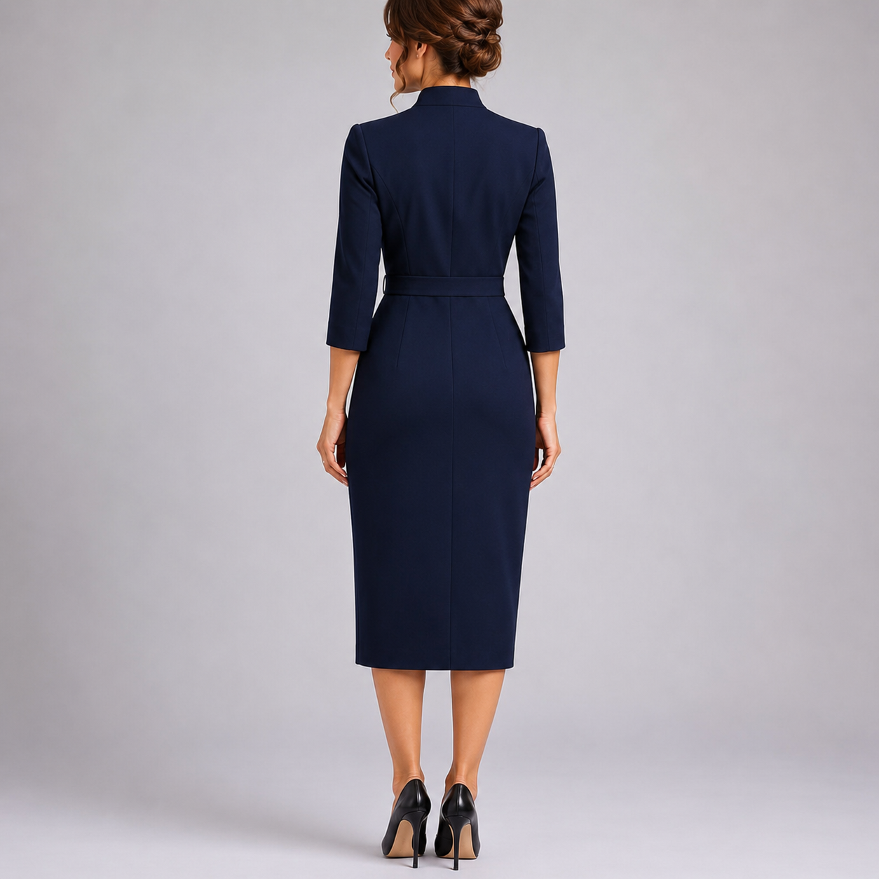 Women's Belted V-Neck Bodycon Midi Dress