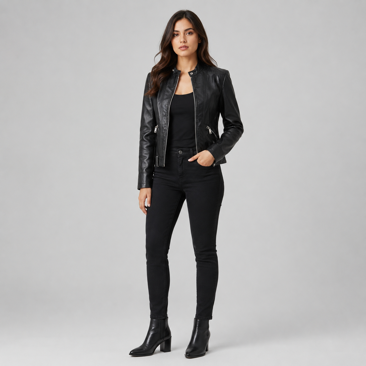 Women's Slim-Fit Zip-Up Biker Leather Jacket