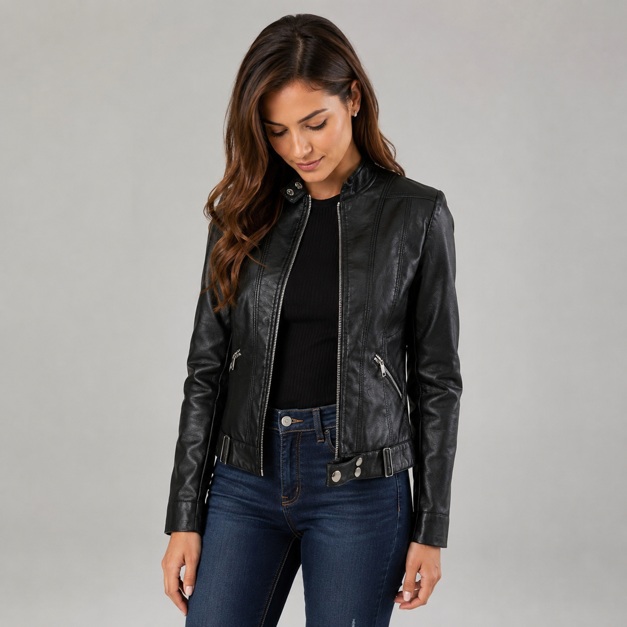 Women's Slim-Fit Zip-Up Biker Leather Jacket