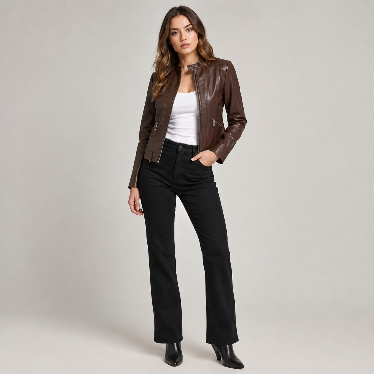 Women's Slim-Fit Zip-Up Biker Leather Jacket