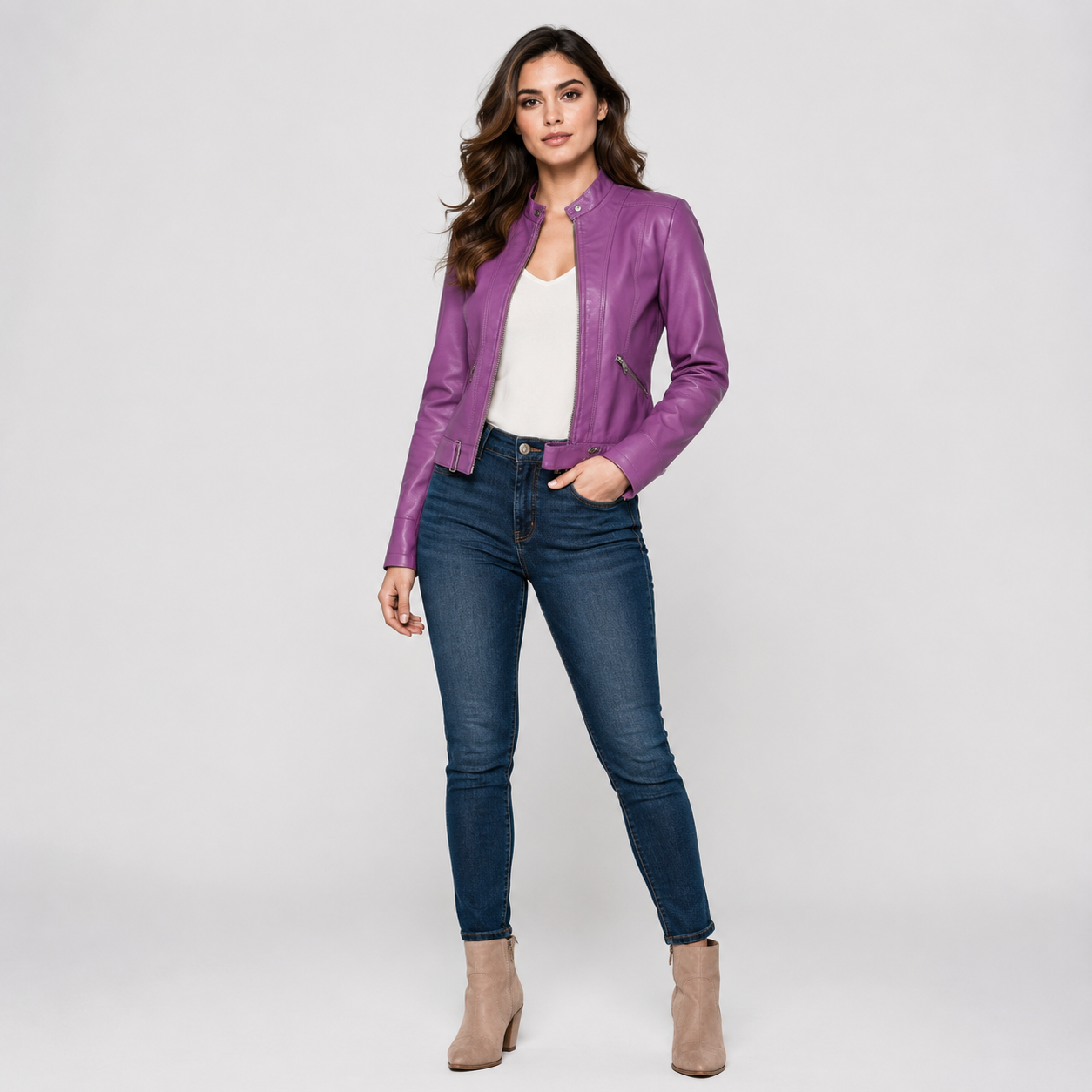 Women's Slim-Fit Zip-Up Biker Leather Jacket