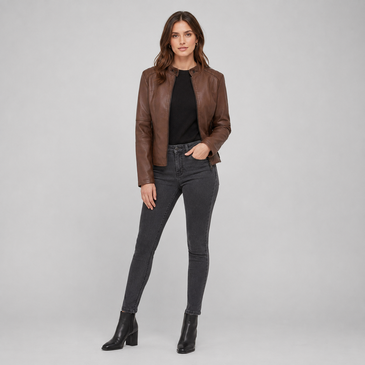 Women's Slim-Fit Faux Leather Jacket With Zip Pockets