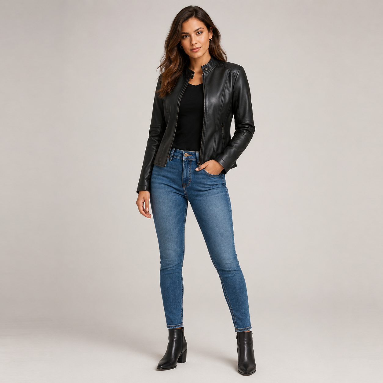 Women's Slim-Fit Faux Leather Jacket With Zip Pockets