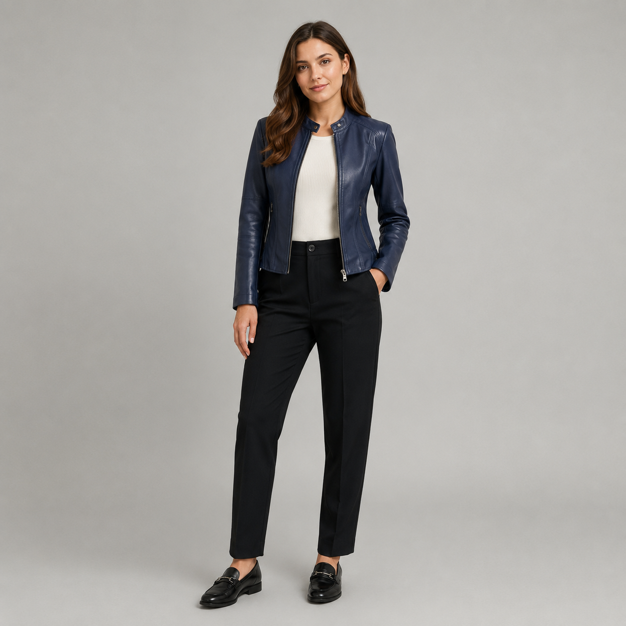 Women's Slim-Fit Faux Leather Jacket With Zip Pockets