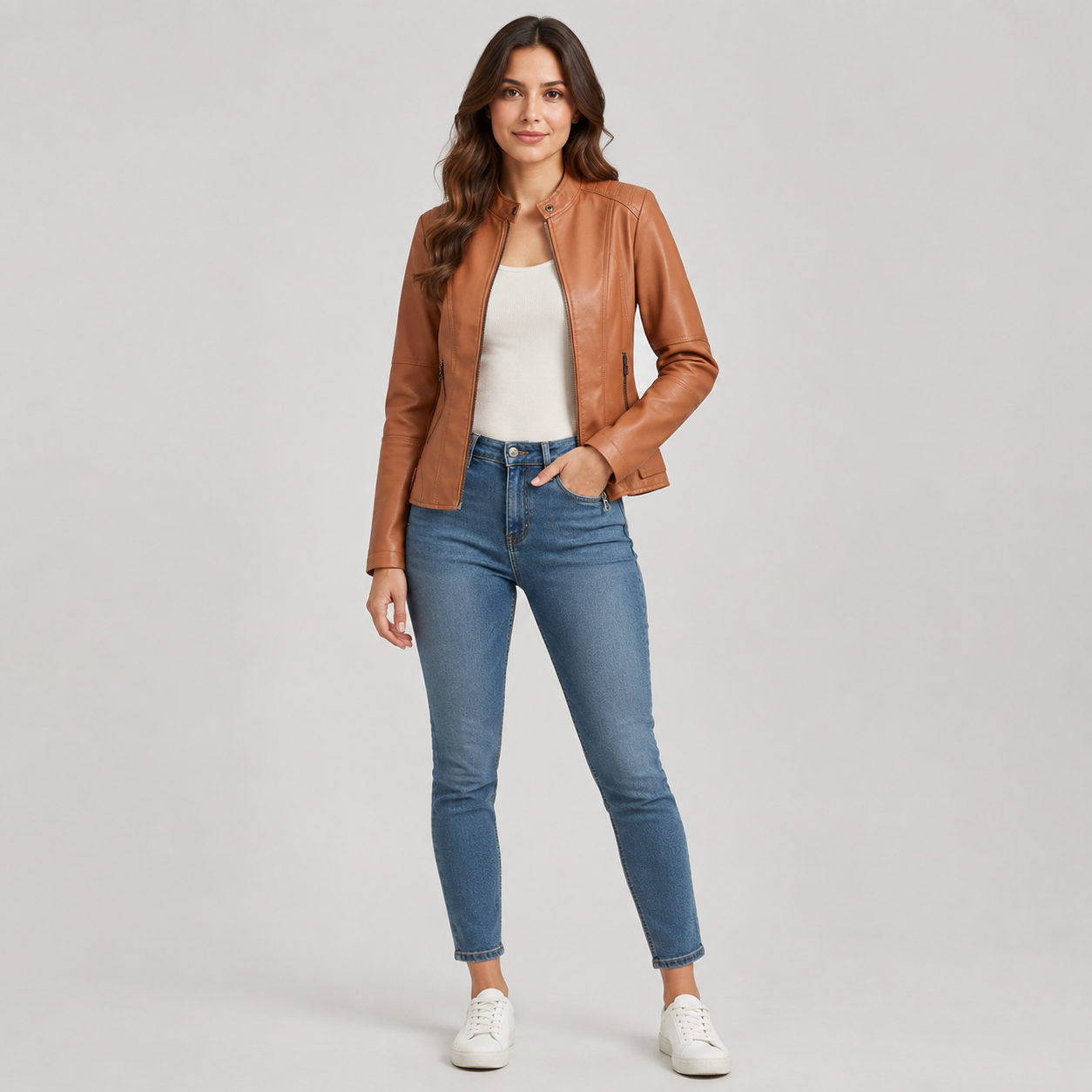 Women's Slim-Fit Faux Leather Jacket With Zip Pockets