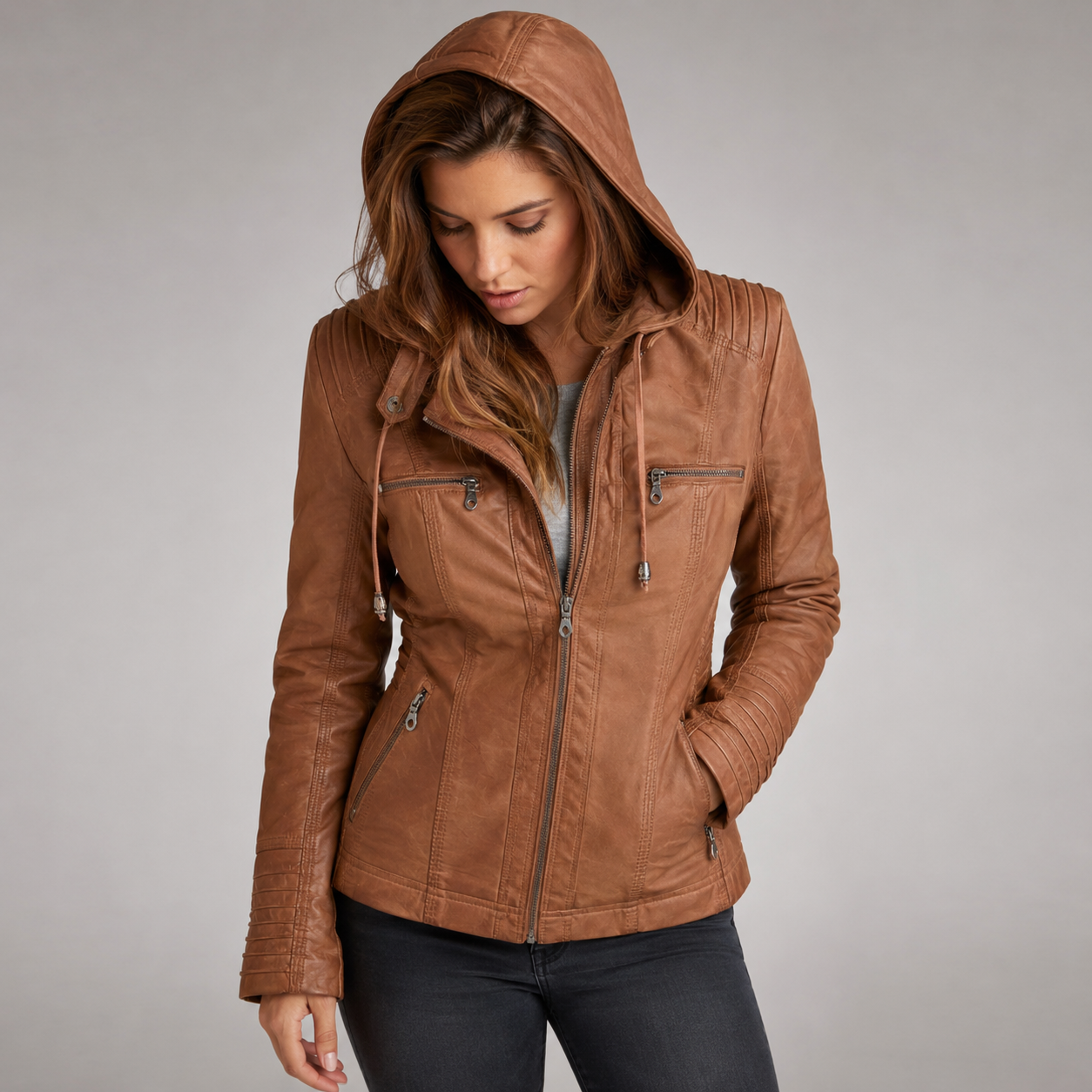 Women's Hooded Faux Leather Jacket With Zip Pockets